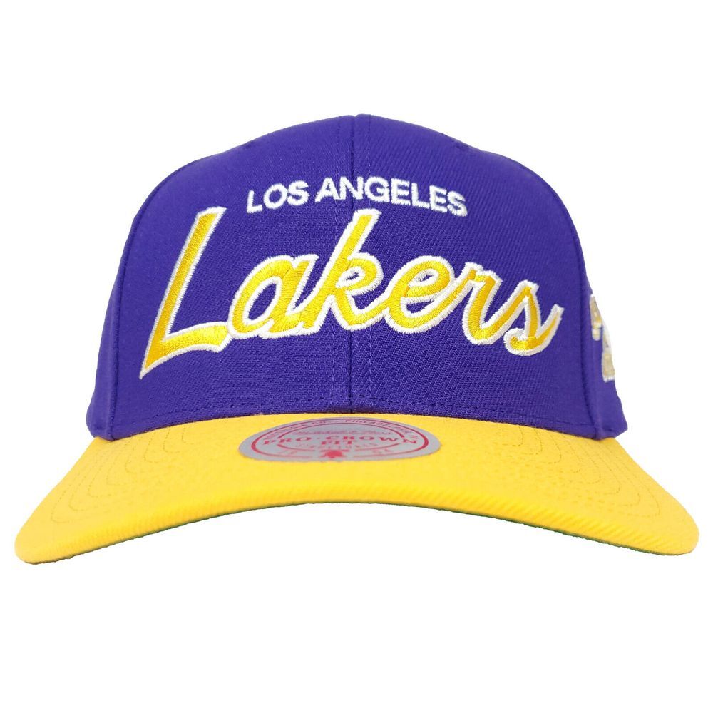 LA Lakers Mitchell‎ & Ness NBA Pro Fit Snapback Hat Cap Script Logo Purple NWT